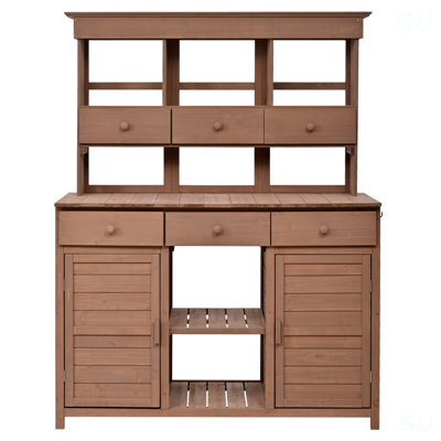Topmax 65.7'' H Tall Garden Potting Bench Table With Hutch,Patio Storage Workstation With 3 Shelves,6 Drawers,2 Bottom Cabinets&Side Hooks For Mudroom,Doorway