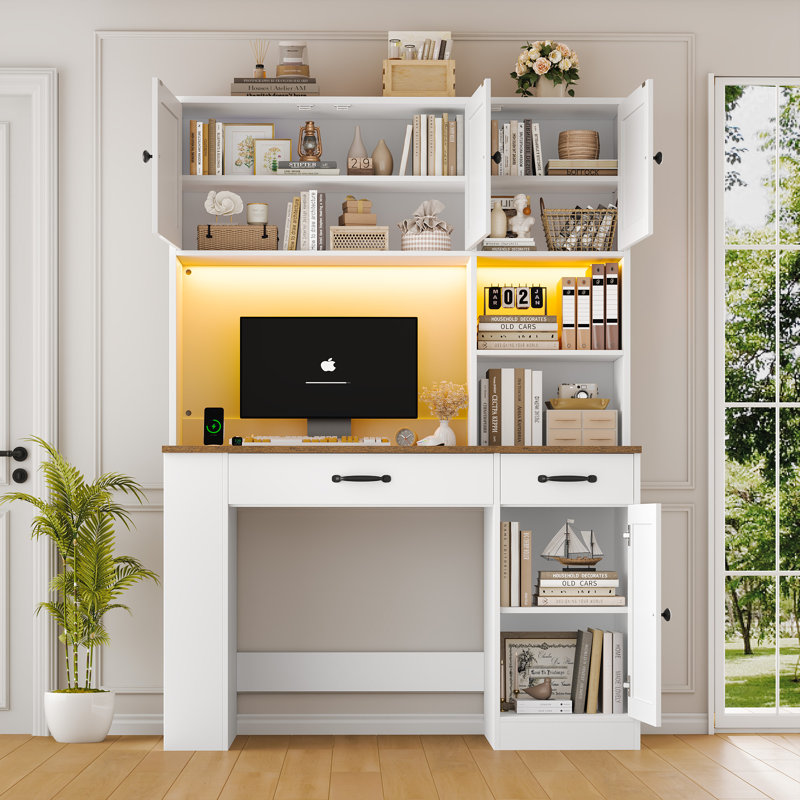 Ensemble de bureau d'ordinateur 47,2 "avec rehausse + ensemble de bibliothèque 58,7", bureau à domicile avec station de charge et éclairage à DEL, tablette de rangement triple avec présentoir et armoires dissimulées, ensemble de meubles 2 pièces