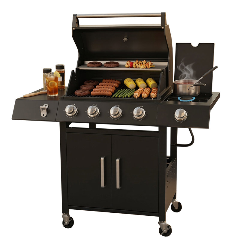 Barbecue au propane à 5 brûleurs, barbecue extérieur 58 000 BTU avec grille en fonte et thermostat Plastisol, rangement soigné, roues pour le patio extérieur
