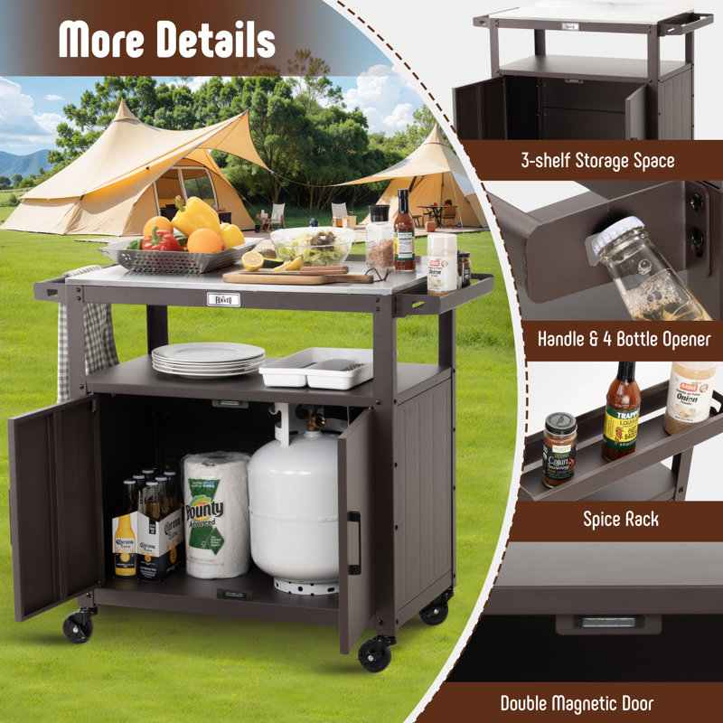 Brown Outdoor Grill Cart with Stainless Steel Tabletop and Storage Cabinet