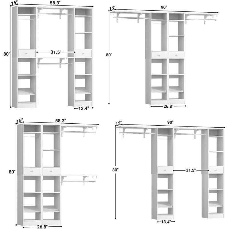 58"- 90" W Closet System with Wooden Drawers and Hanging Rods(Cut to Fit), White