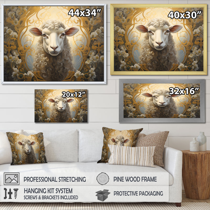 Mouton beige symboliste sur toile, Encadrement doré, H 34 po x l 44 po x P 1,5 po