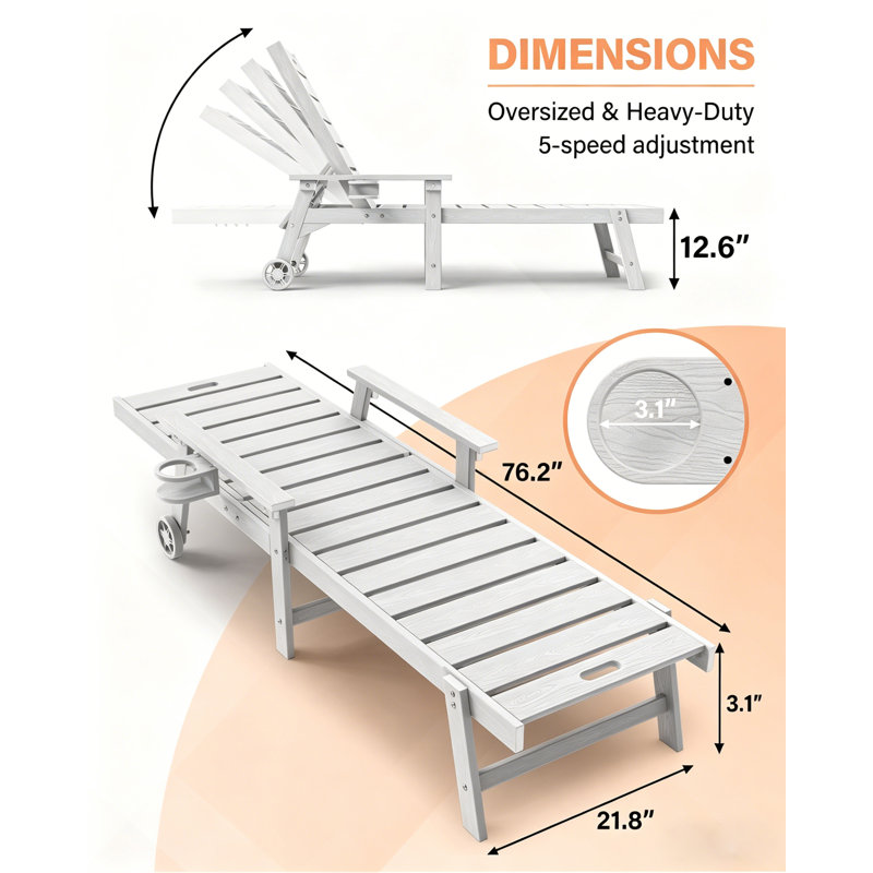Ensemble de 2 chaises longues d'extérieur HIPS résistantes aux intempéries, avec dossier réglable à 5 positions, tablette latérale dissimulée, porte-gobelet et roulettes, capacité de charge de 195 kg, blanc