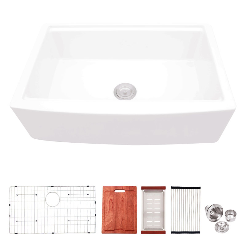 Station de travail blanche Farmhouse Sink - Évier de cuisine de ferme en céramique blanche à cuve de 33 pouces