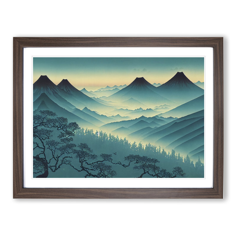 Japanese Forest Mountains - Single Picture Frame Print, 25cm H x 34cm W x 2cm D, Walnut