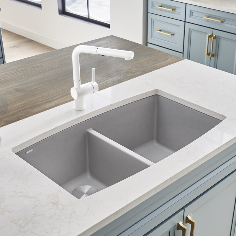 Performa Silgranit 33" L x 20" W Double Bowl Granite Composite Undermount Kitchen Sink, Coal Black