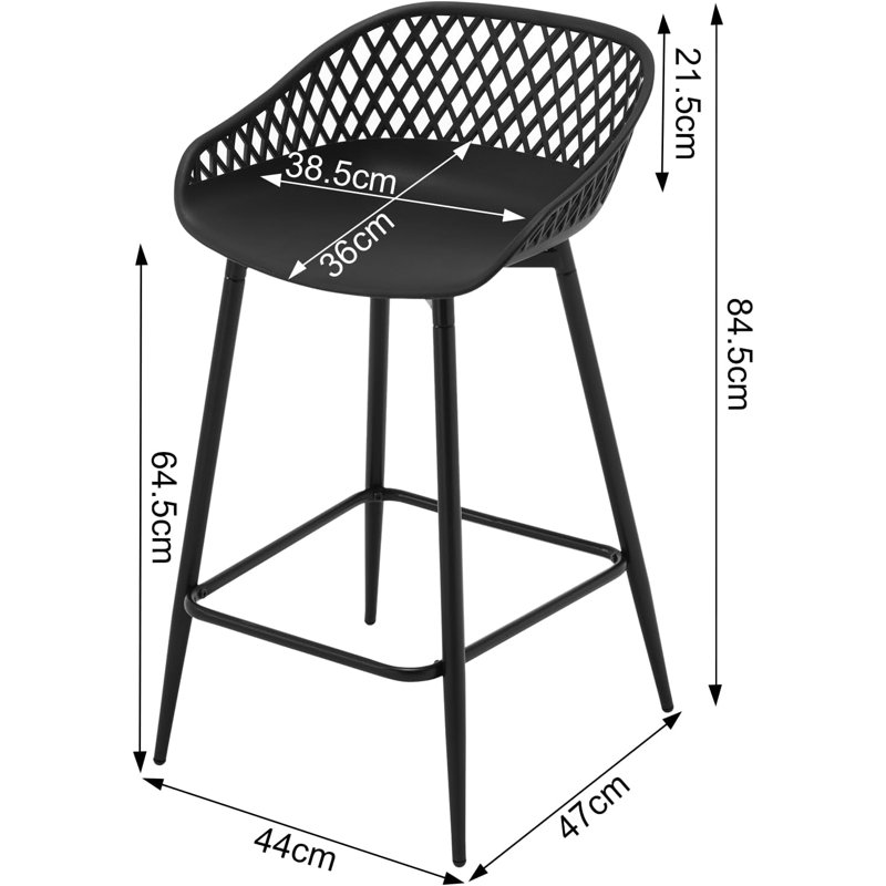 Bar stool set, bar stool with hollow backrest, kitchen chair with wide seat, bistro chair with footrest, stool with metal legs, outdoor bar terrace, made of PP plastic