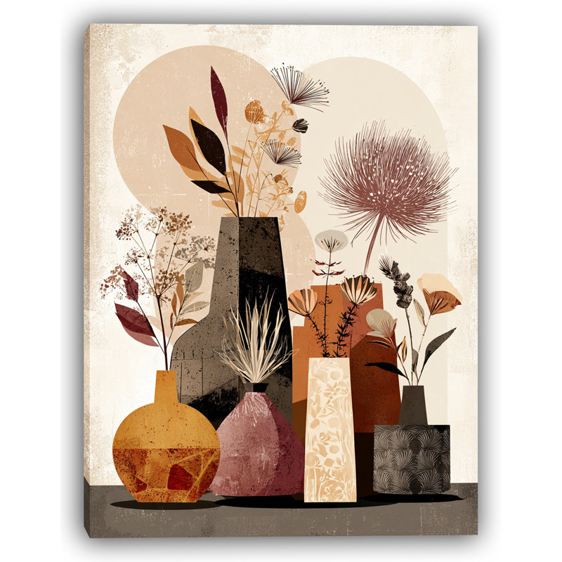 Earthen Harmony - Vase géométrique et art mural sur toile botanique