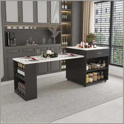 Îlot de cuisine de 80 pouces avec table de salle à manger, comptoir en grain de marbre avec prise de courant, chariot de rangement mobile avec armoire et 2 tiroirs, table de préparation de cuisine (noir)