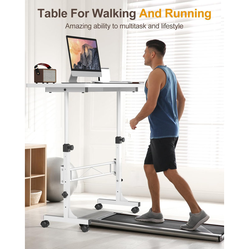 Small Standing Desk Adjustable Height, Mobile Stand Up Desk With Wheels, 32 Inch Portable Rolling Desks For Walking Pad Treadmill White