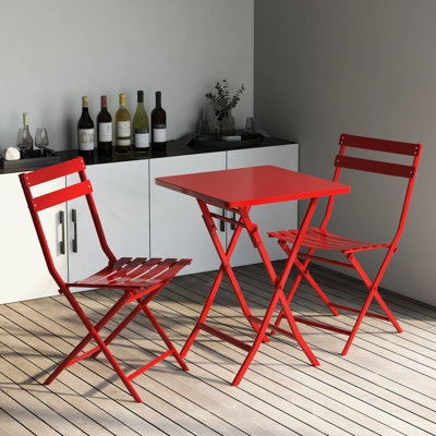 3 Piece Patio Bistro In Red - Foldable Metal Table And Chairs. , For Outdoor & Indoor. Quick Setup. Rust Scratch . Chair Supports 330 Lbs. Space Saving Bistros Balconies Chairs Table. Frame, 28.35''