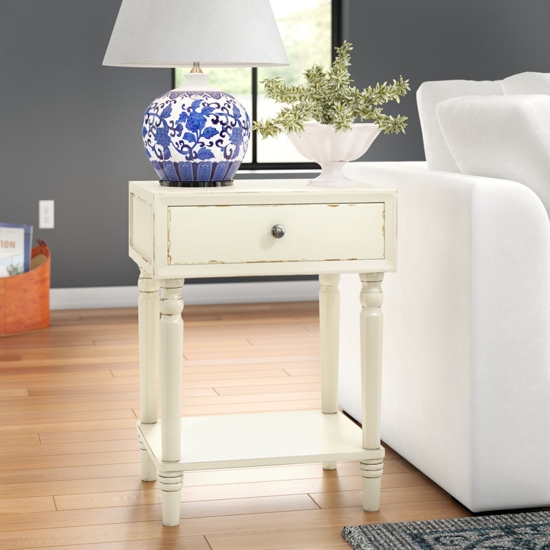 Kleban Solid Wood End Table with Storage, Distressed Vanilla