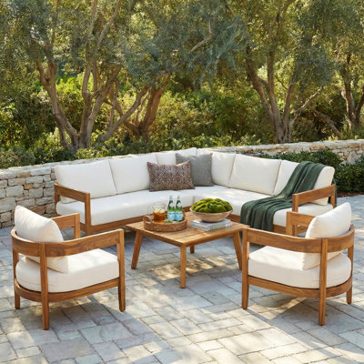 Lorene  Modern Minimalist Acacia Wood Outdoor Conversation Set With Sectional And Optional Fire Pit