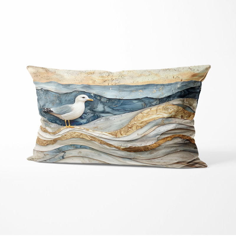 Coussin décoratif à motif animalier - Mouette en marbre moderne sur la plage, H 12 po x l 20 po