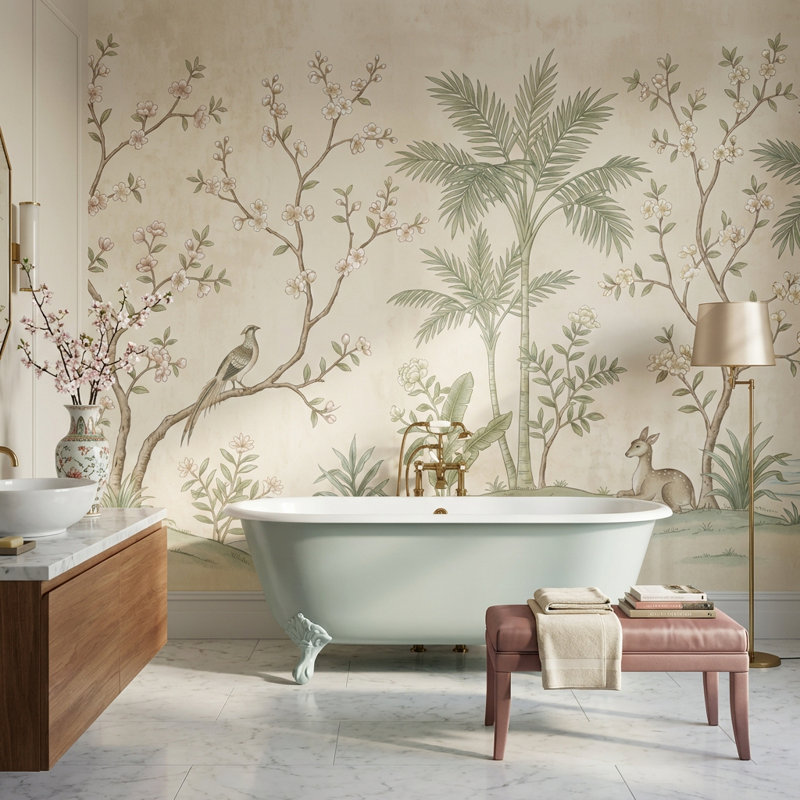 Papier peint floral, décoration murale amovible cerf, 120" x 96", Peler et coller