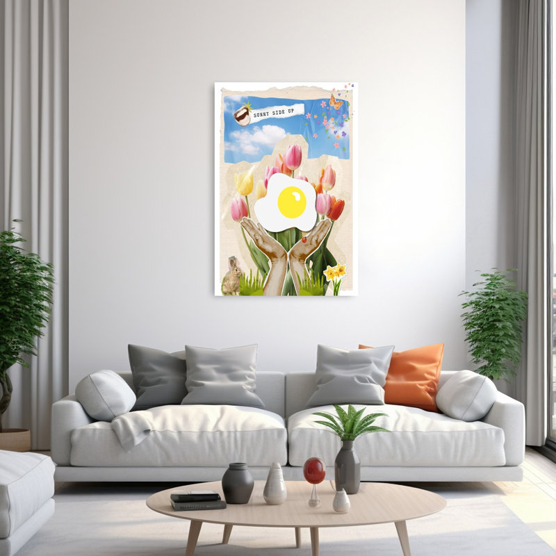 «Sunny Side Up Spring», impression colorée, fantaisiste, papillon, coccinelle, jonquille, printemps, art mural, 60" H x 40" W