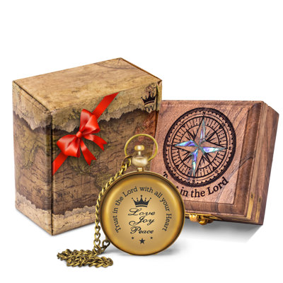 Boussole de poche en laiton, verset biblique gravé, coffret en bois, cadeau religieux chrétien