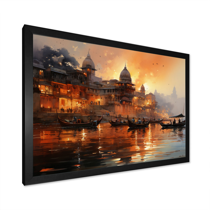 Indian Art Sunset At - Art mural indien, Cadre simple noir, H 34 po x l 44 po x P 1,5 po