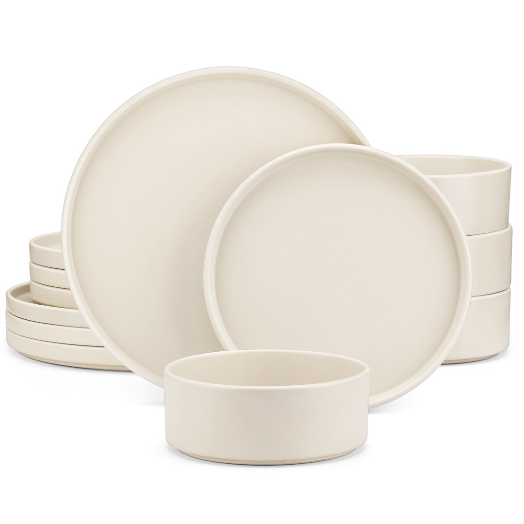 12 Pcs Ceramic Dinnerware Set, Dinner Plates, Dessert Plates And Soup Plates For 4 Person, Beige Set