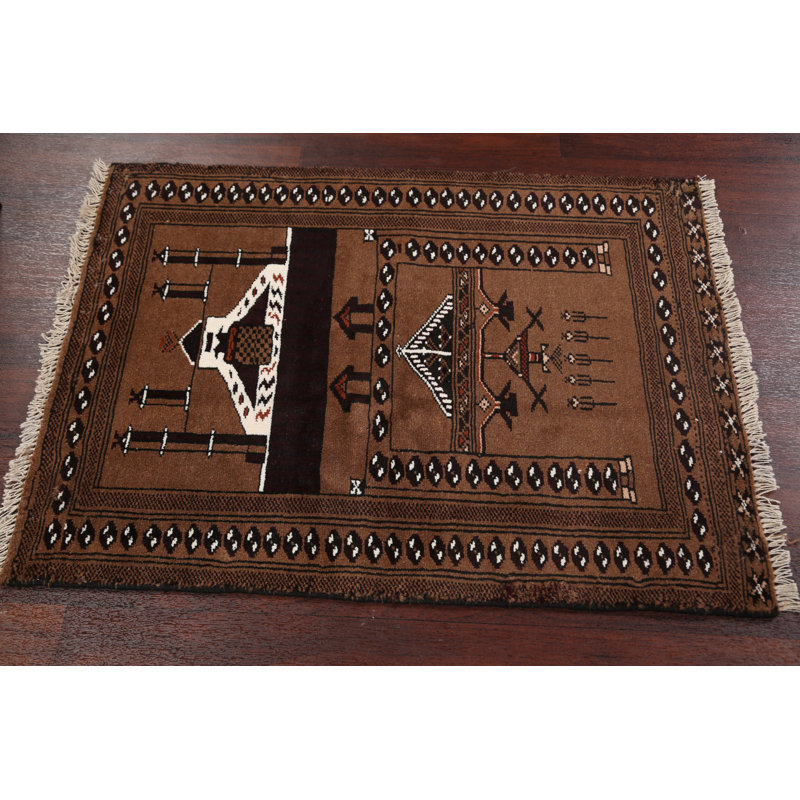 Tapis décoratif en laine noué à la main de conception unique noué à la main New Age Balouch brun 2 pi 7 po x 3 pi 7 po