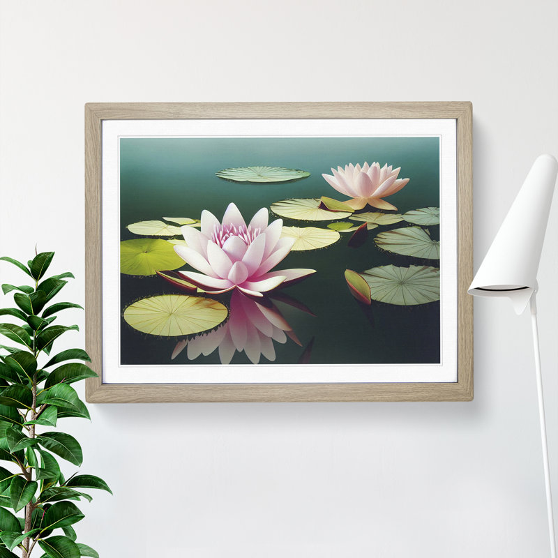 Spirited Water Lily Flowers - Single Picture Frame Print, 25cm H x 34cm W x 2cm D, Oak