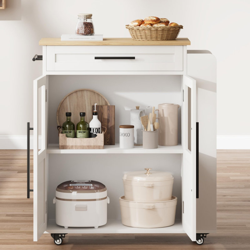 24 in Kitchen Island Cart - Sturdy Wood Top with Drawer, 3-Tier Shelves & Locking Wheels, Farmhouse Mobile Storage for Kitchen