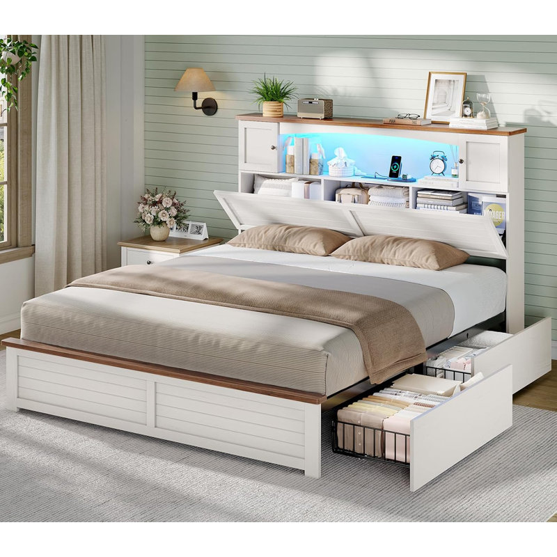 Farmhouse King Storage Bed Frame with Bookcase Headboard, LED Lights, Charging Station & 4 Drawers, Wood Platform Bed, White