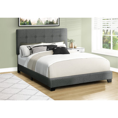 Structure de lit tapissier pour grand lit, tissu bouclé gris foncé, décor de chambre à coucher transitionnel, bois d'ingénierie massif, tête de lit à boutons, structure à profil bas en forme de boucle, caractéristique, utilisation