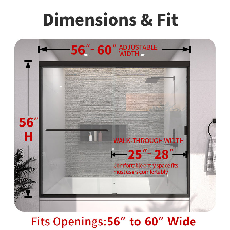 56-60" W x 56" H  Sliding Semi-Frameless Tub Door With Clear Glass And Handles, Matte Black