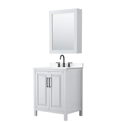 Meuble-lavabo simple 30 po Daria en blanc, comptoir en marbre de culture blanc, lavabo carré encastrable (3 trous), garniture noir mat, armoire à pharmacie