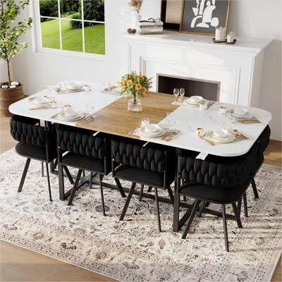 8-Person Square Dining Set with White Faux Marble Wood Grain Tabletop and 8 Sleek Black Velvet Chairs, Modern Kitchen Table Set for Family Gatherings
