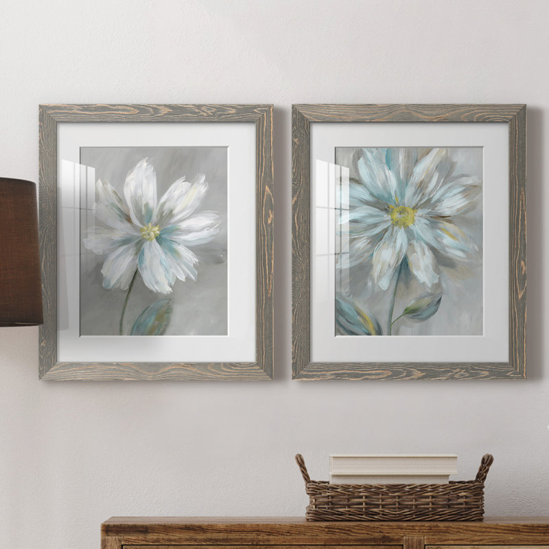 Simple Flower I - Ensemble de 2 reproductions d'art, H 20 po x l 17 po x P 1 po, Cadre en papier gris, Blanc