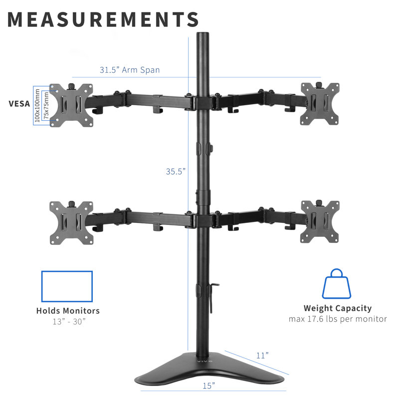 Black Quad Monitor Adjustable Steel and Aluminum Desk Mount