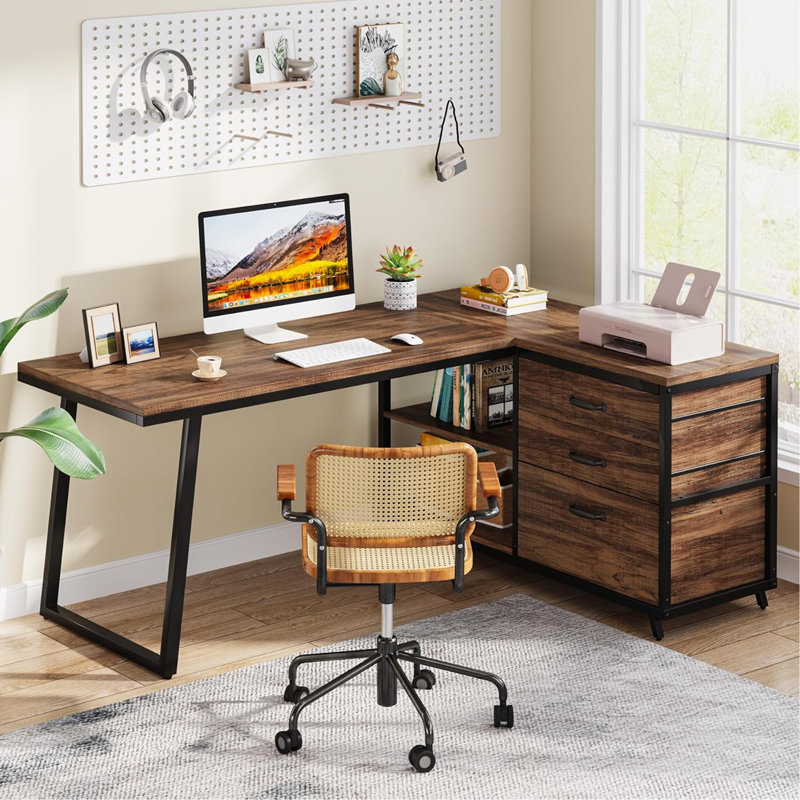 Bureau d'ordinateur en L réversible de 53 po avec 3 tiroirs et tablettes de rangement, bureau de coin industriel avec classeur, poste de travail compact pour petites pièces, brun rustique