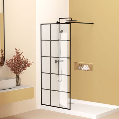 Paroi de douche encadrée en verre de 34 po de largeur x 72 po de hauteur avec verre trempé de 1/4 po de 6 mm, aluminium noir mat et barre de support, porte de douche