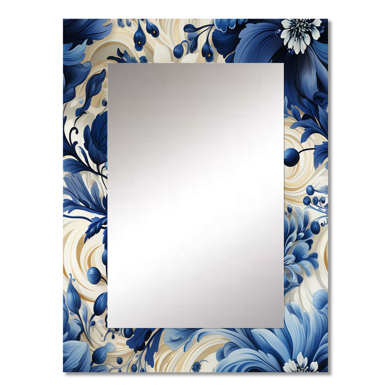 Kurtz Romantic Cobalt Blue Swirls Victorian Pattern - Floral Mirror, Cottage Decorative Wall Mirror, Printed Metal Art