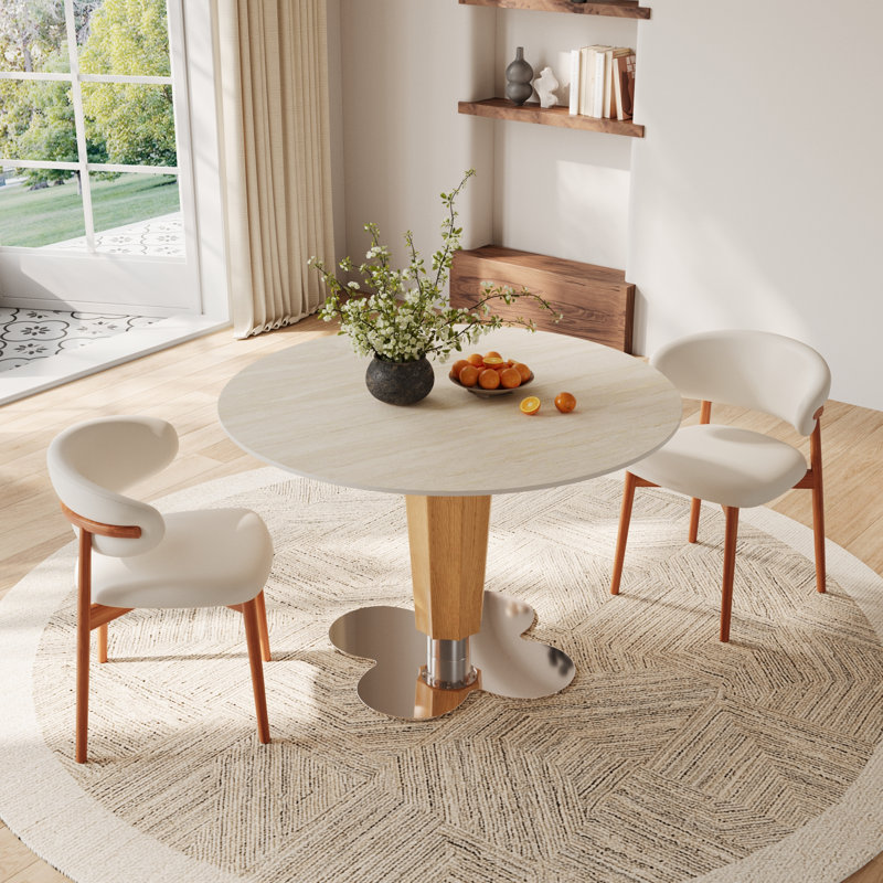 Table de salle à manger ronde à motif trèfle à quatre feuilles, Bois, H 29,52 po x l 39 po x P 39 po, Beige