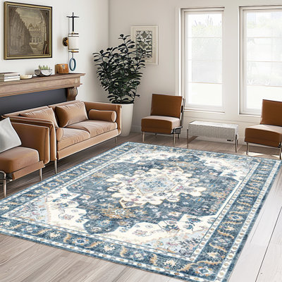 Vintage Persian Area Rug, Blue Floral Indoor Outdoor Carpet, Washable Durable Rug for Living Room, Dining Room, Hallway, Entryway, Farmhouse Decor