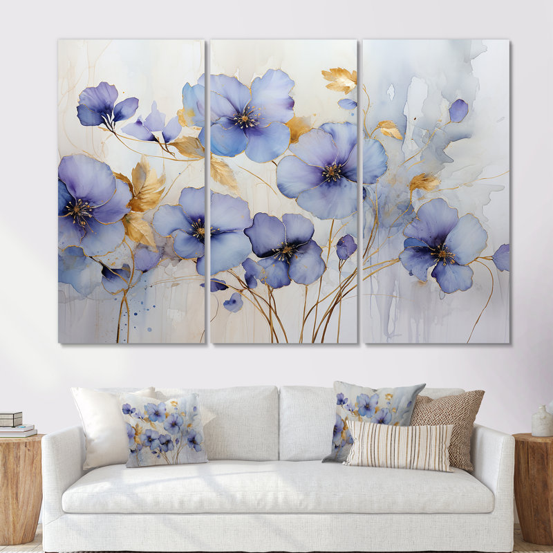 Ensemble de salon violet et or, Toile tendue, H 40 po x l 60 po x P 1 po