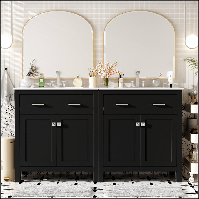 Ensemble de meuble-lavabo noir 60 po avec lavabos doubles, lavabos en céramique, tablette réglable et portes à fermeture en douceur pour salles de bain spacieuses