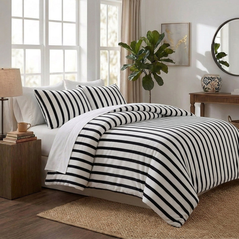 Ensemble de housse de couette rayé noir et blanc pour très grand lit, ensemble de literie moelleuse ultra douce, motif à rayures classique sur mesure, ensemble de 3 pièces Cozy Minimal Farmhouse pour toutes les saisons