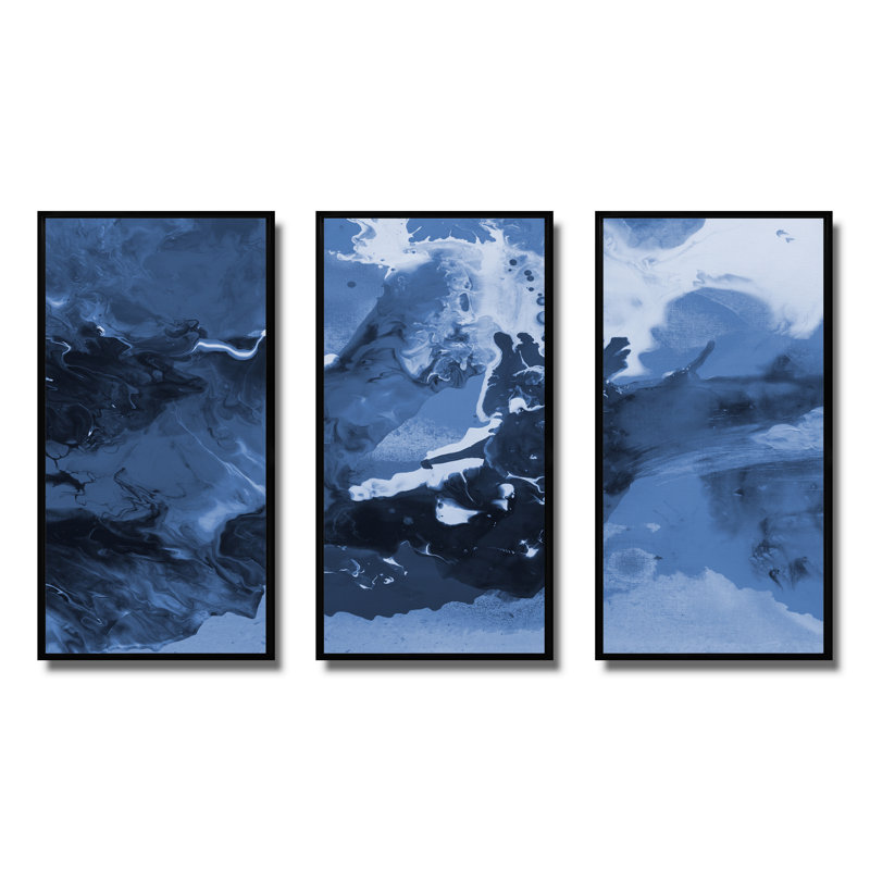 Art liquide dans les tons de bleu foncé I - ensemble d'art moderne sur toile encadrée moderne de 3, Noir