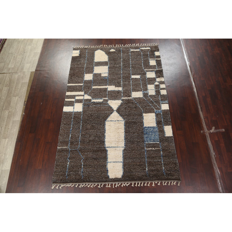Tapis brun en laine noué à la main de conception unique 7 pi 2 po x 10 pi 10 po