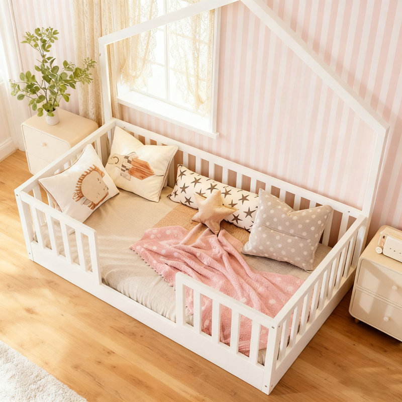 Lit sur pied avec rails hauts, lit Montessori en bois avec lumière, Simple, Blanc