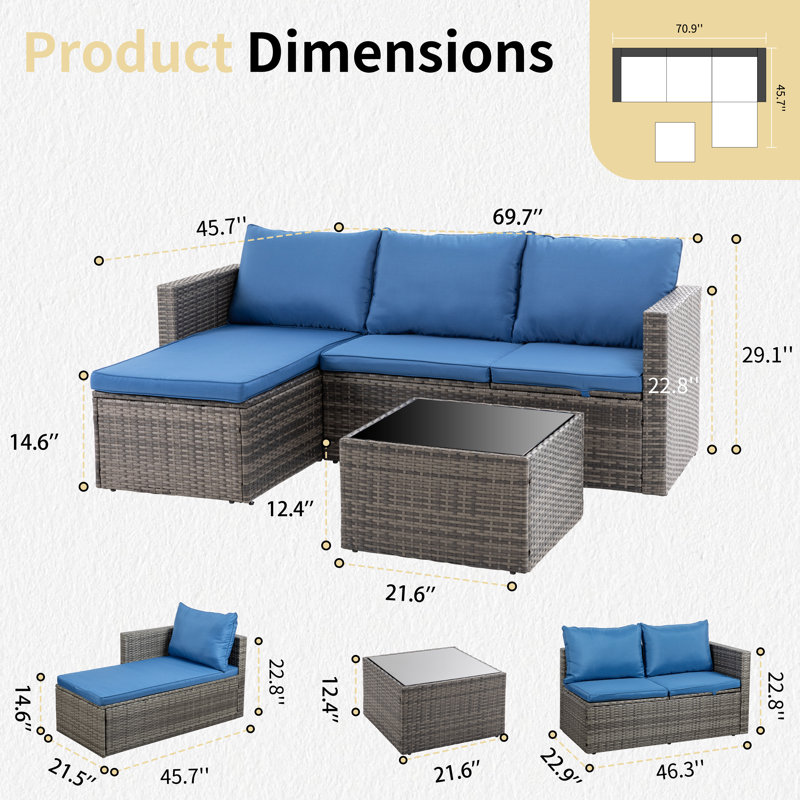Harbaugh Wicker 3 - Person Patio Conversation Set with Cushions, Blue/Light Gray