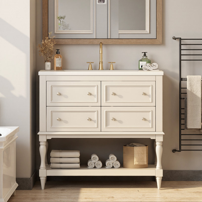 Meuble-lavabo 36 po avec lavabo sous-comptoir en céramique, 4 tiroirs d'extension et grande tablette de rangement, structure en bois d'hévéa massif, capacité de 300 lb, neutre moderne, prêt pour robinet central de 4 po