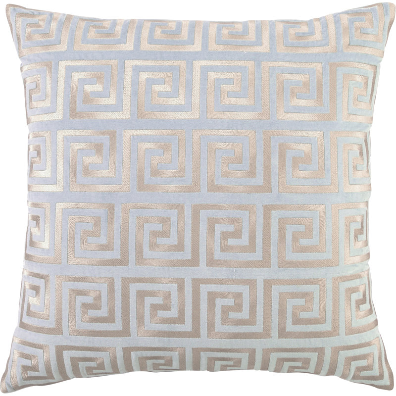 Coussin en lin brodé à motif de clé grecque, Bleu