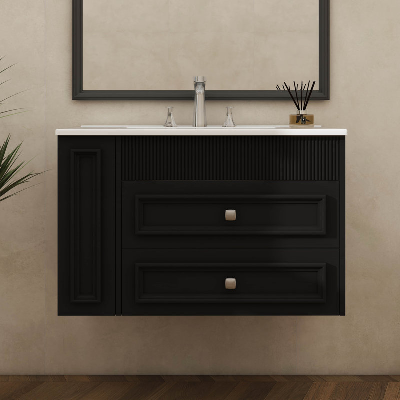 Meuble-lavabo mural de 30 po avec lavabo flottant avec 2 tiroirs et mécanisme de fermeture en douceur, Noir