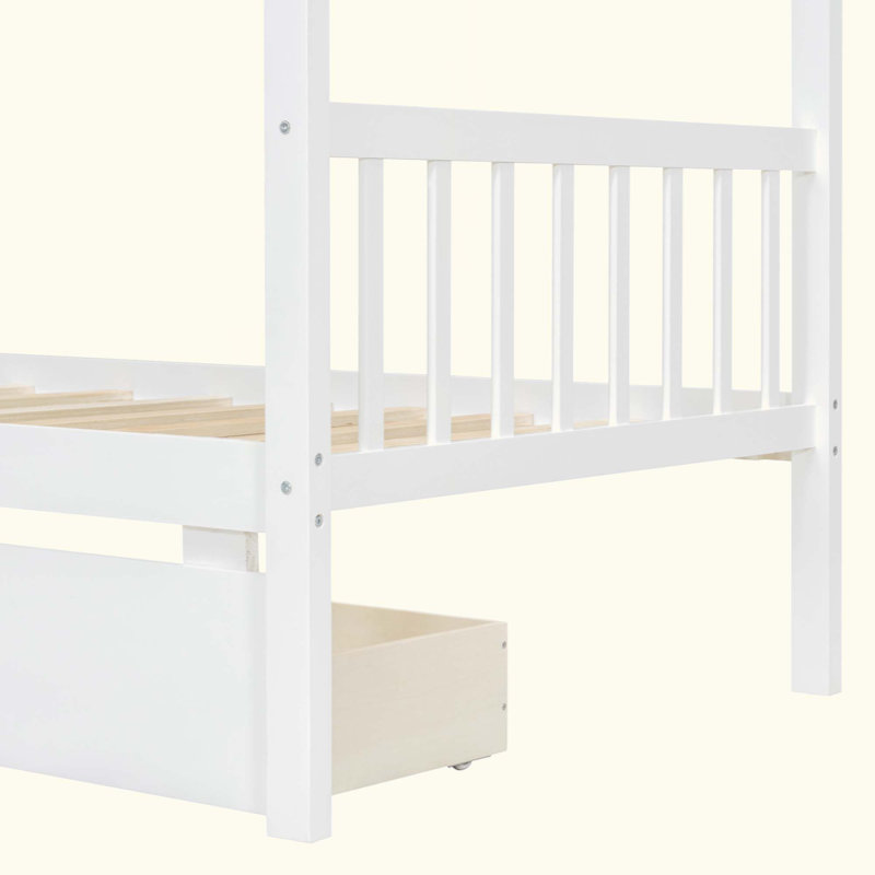 Lit en bois avec tiroirs, Blanc