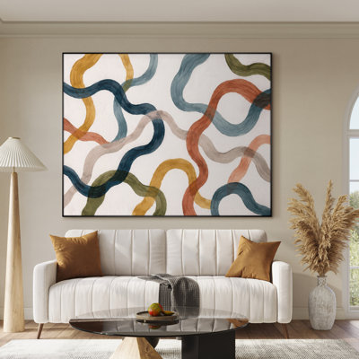Très grand art mural imprimé sur tissu - Motif de lignes ondulées abstraites colorées pour le salon ou la chambre à coucher - «Assemblage requis du cadre (cadre non fini)»